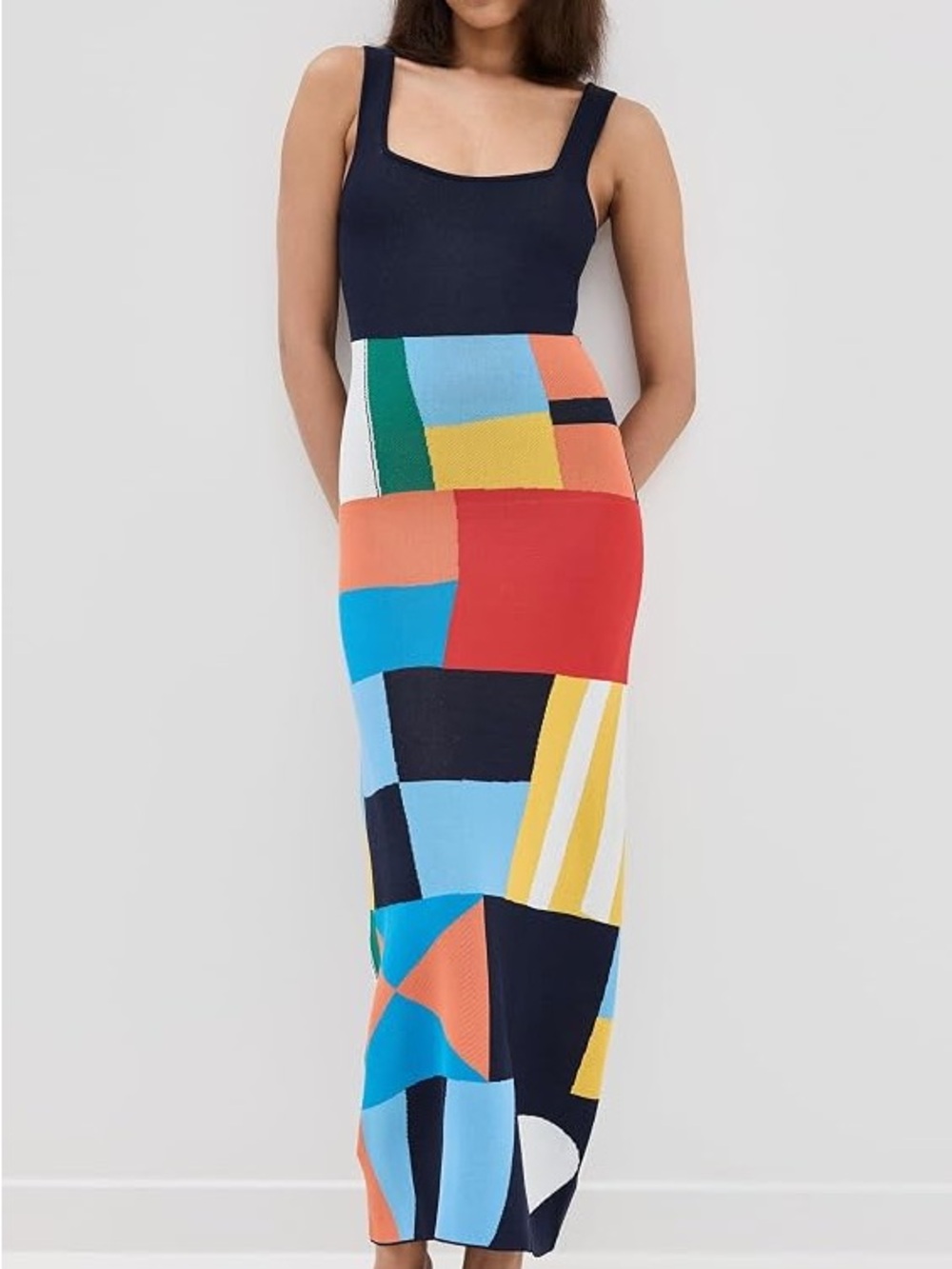 STAUD Colorblock Patchwork Maxi Dress in Navy and Multicolor